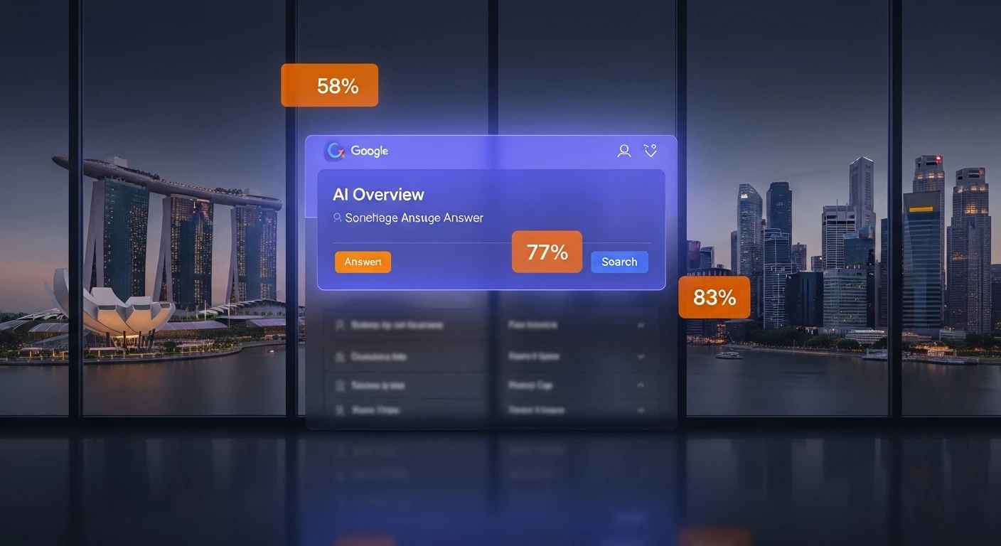 Zero-click search — Google AI Overviews dominating search results, Singapore skyline