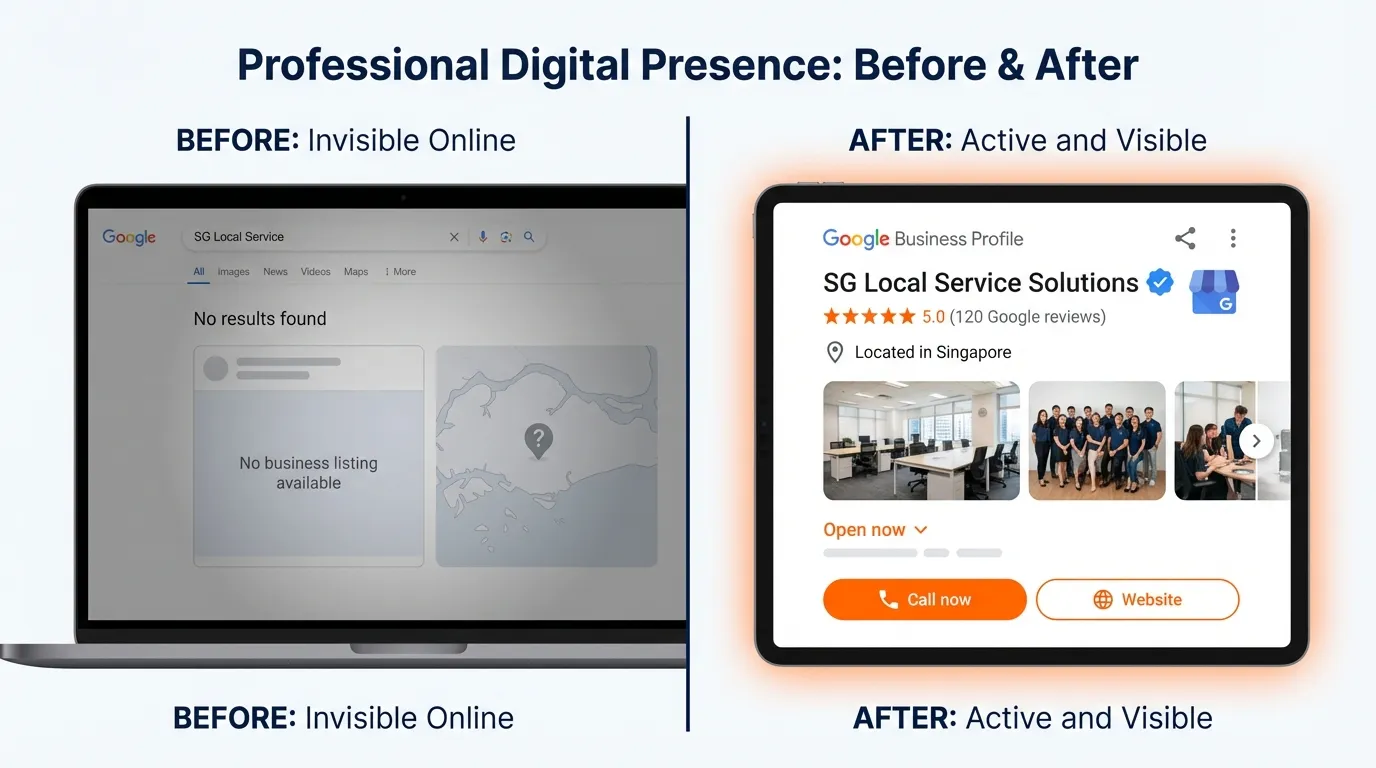 Digital presence before and after — invisible online vs verified and visible on Google