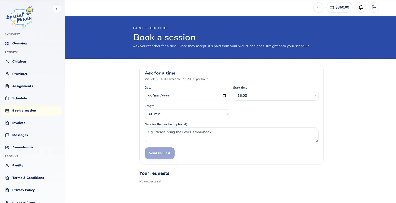 Parent view: ask for a session, paid from the prepaid wallet once the teacher accepts.