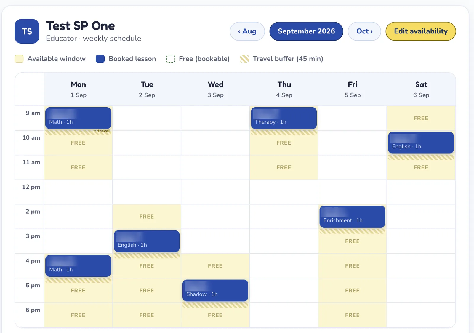 Educator weekly schedule with the 45-minute travel buffer between home visits. Names blurred.