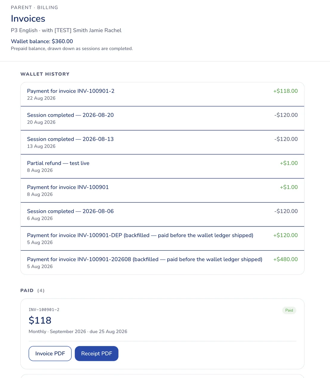 Parent invoices screen in the Special Minds app showing a prepaid wallet history, test account